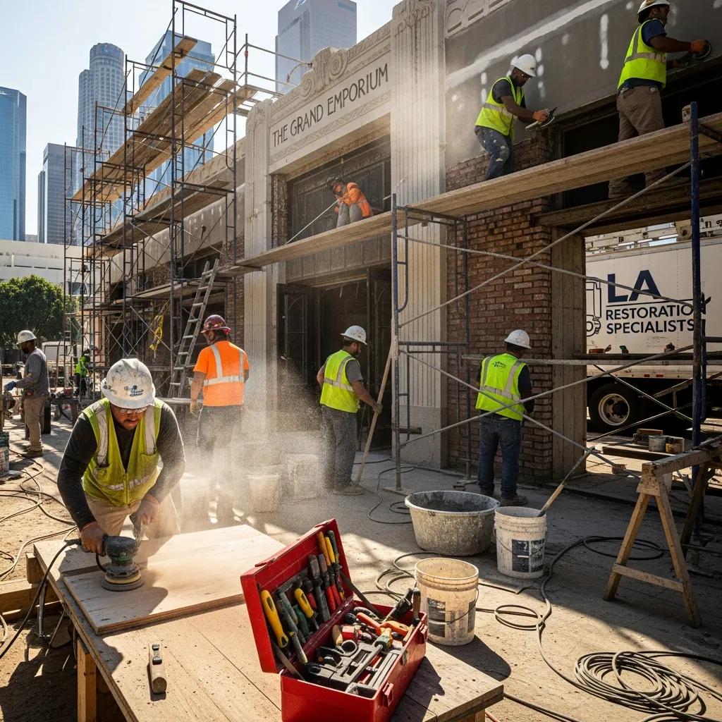 Commercial property restoration scene with workers and equipment in Los Angeles