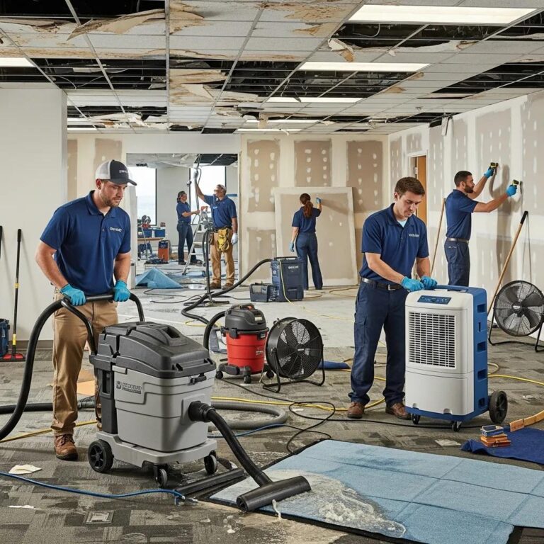 Commercial water damage restoration team using advanced equipment to mitigate water damage