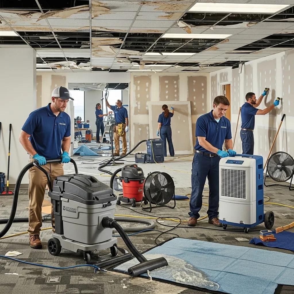 Commercial water damage restoration team using advanced equipment to mitigate water damage