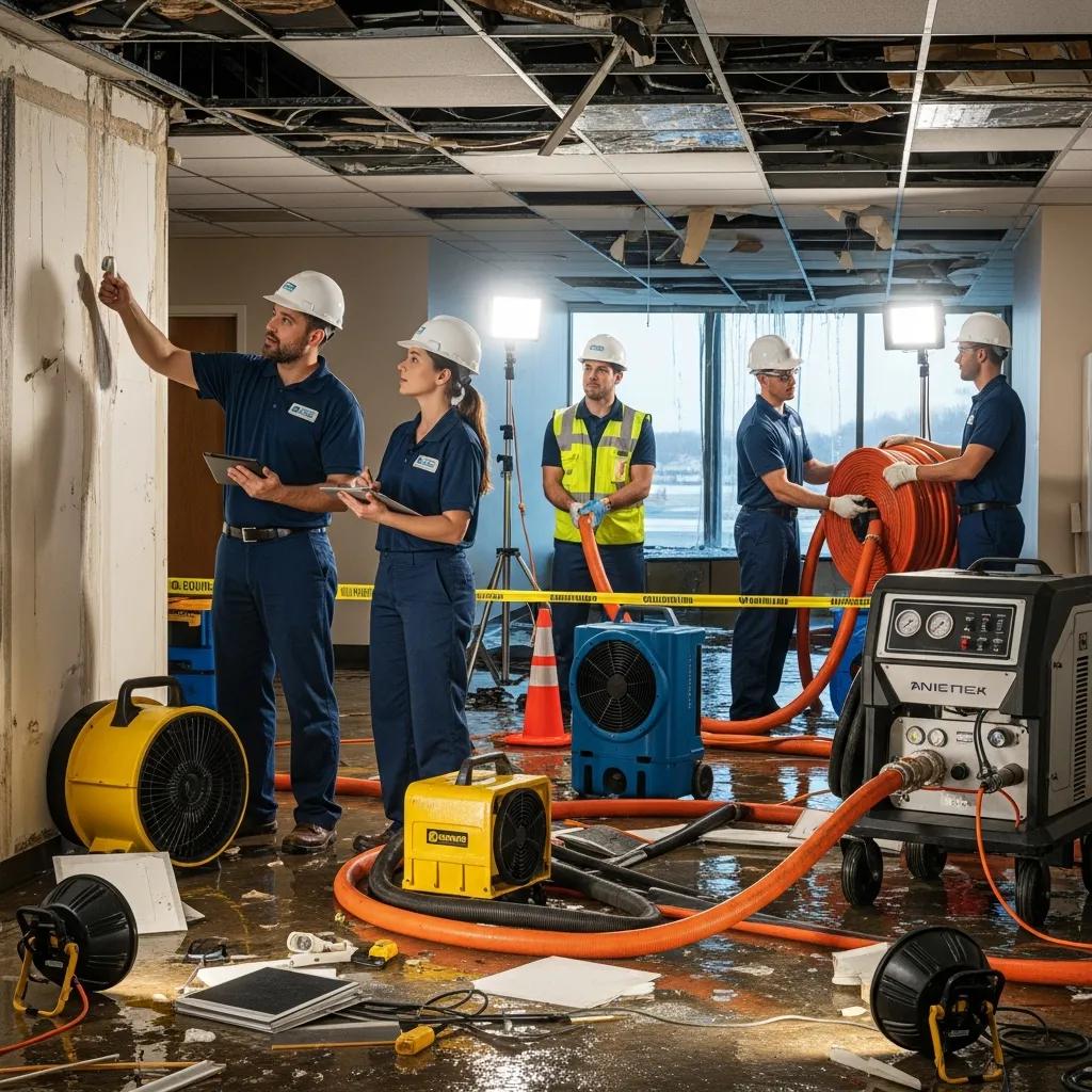 Emergency restoration team assessing damage at a commercial property in Los Angeles