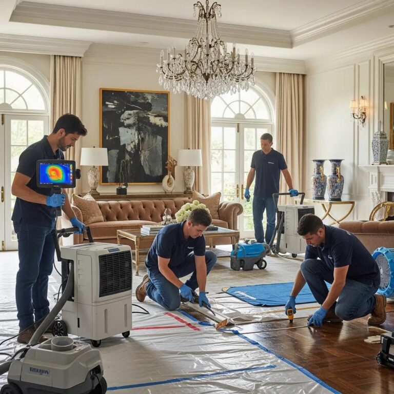 Professional restoration team addressing water damage in a luxury Beverly Hills property