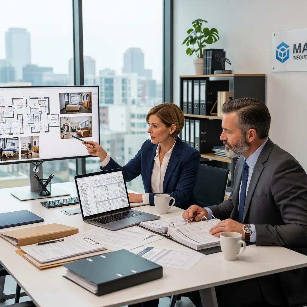 Property manager and insurance adjuster collaborating on restoration claims