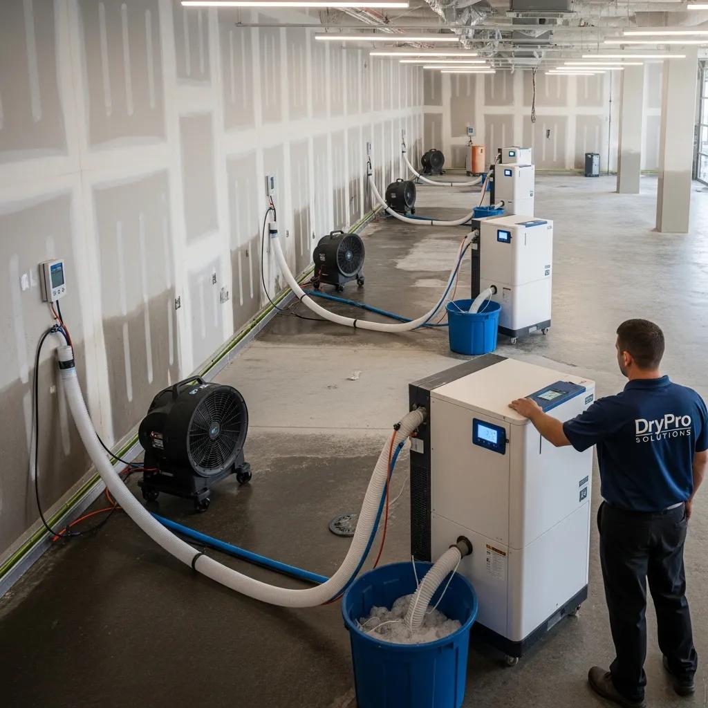 Structural drying equipment in use to effectively restore a commercial property after water damage