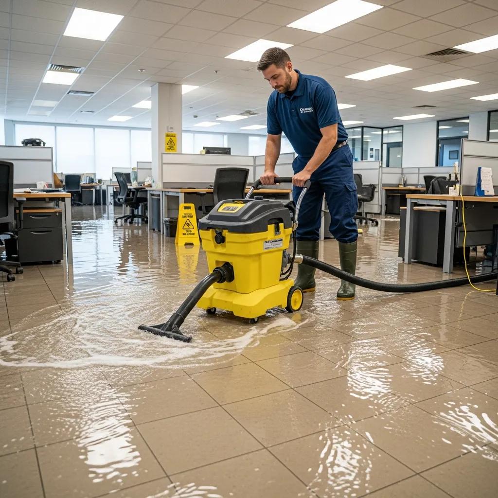 Technician performing emergency water extraction in a commercial property to minimize downtime