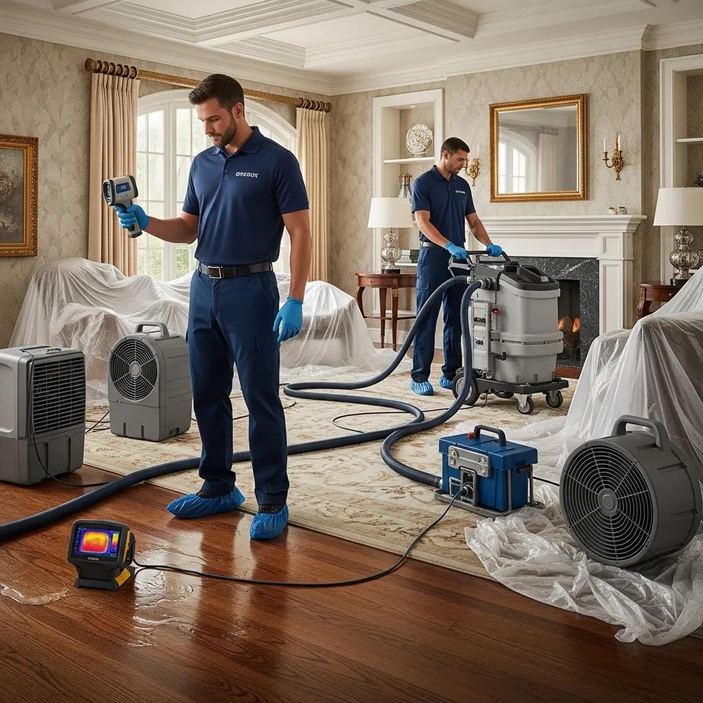 Technicians performing water damage restoration in a luxury home, showcasing advanced equipment